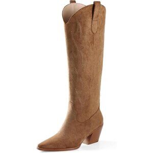 Women's Faux Leather Light Brown  Calf Height Cowgirl Pointed Toe Heel Boots